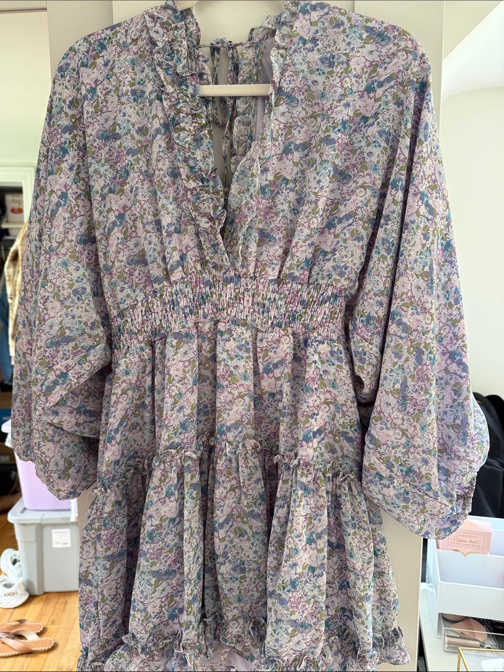 Storia Floral Long Sleeve Tiered Mini Dress in Lavender and Green